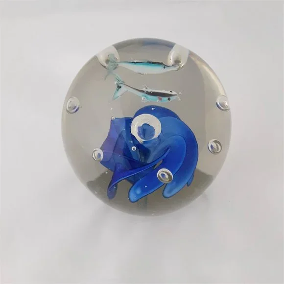 Vintage Unique Glass Paperweight Featuring Two Whales